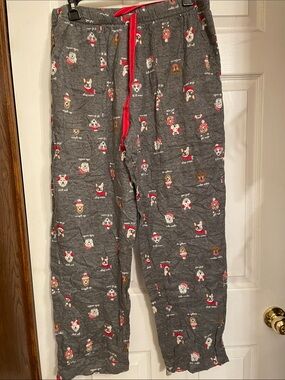 Cozy Women's Gray Dog-Print Pajama Pants with Red Drawstring